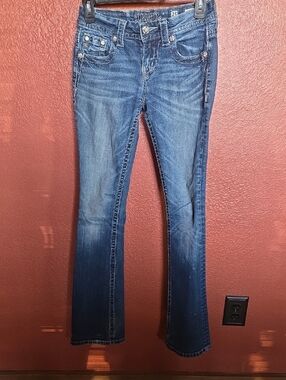 Miss Me Medium Blue Bootcut Jeans with Embellished Pockets Vintage